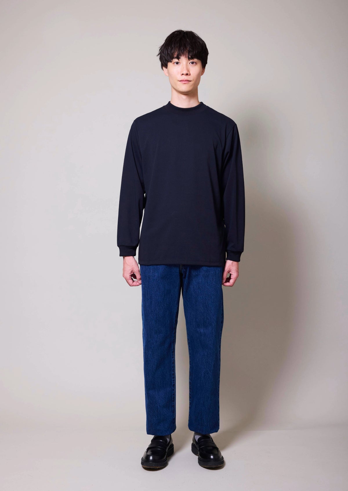 POLYESTER COTTON FEEL MOCK NECK T-SHIRT LONG SLEEVE BLACK 8033-1210