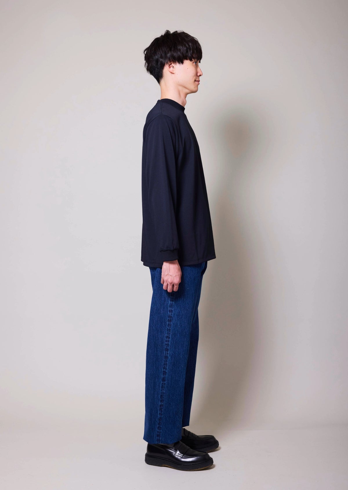 POLYESTER COTTON FEEL MOCK NECK T-SHIRT LONG SLEEVE BLACK 8033-1210